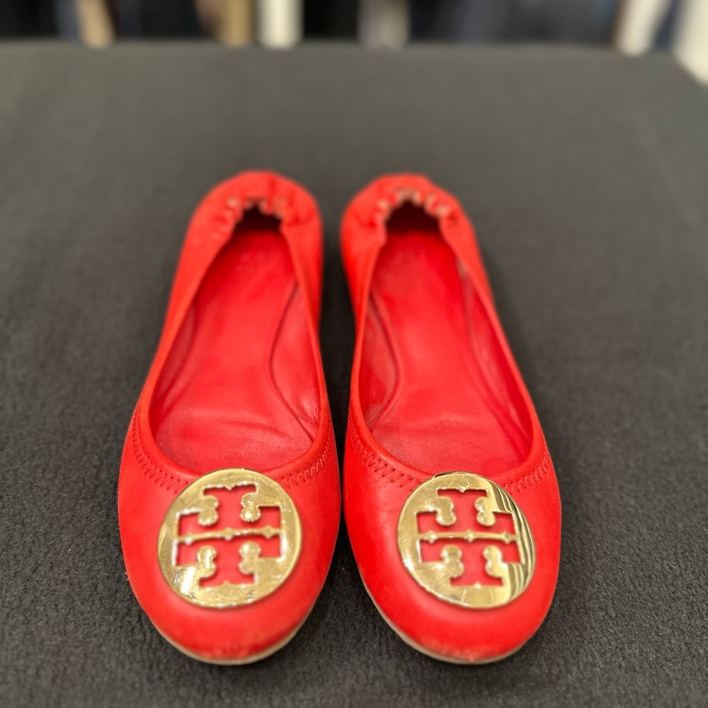Tory Burch Red Flats with Gold Logo